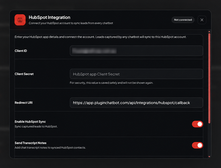 Pluginchatbot HubSpot integration settings, connecting the account and enabling lead sync