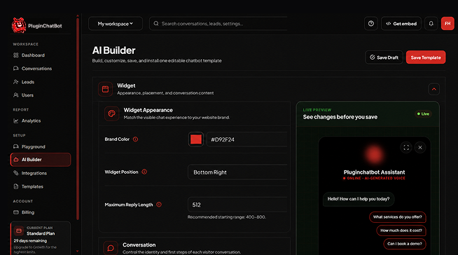 PluginChatBot AI Builder showing chatbot knowledge and instructions