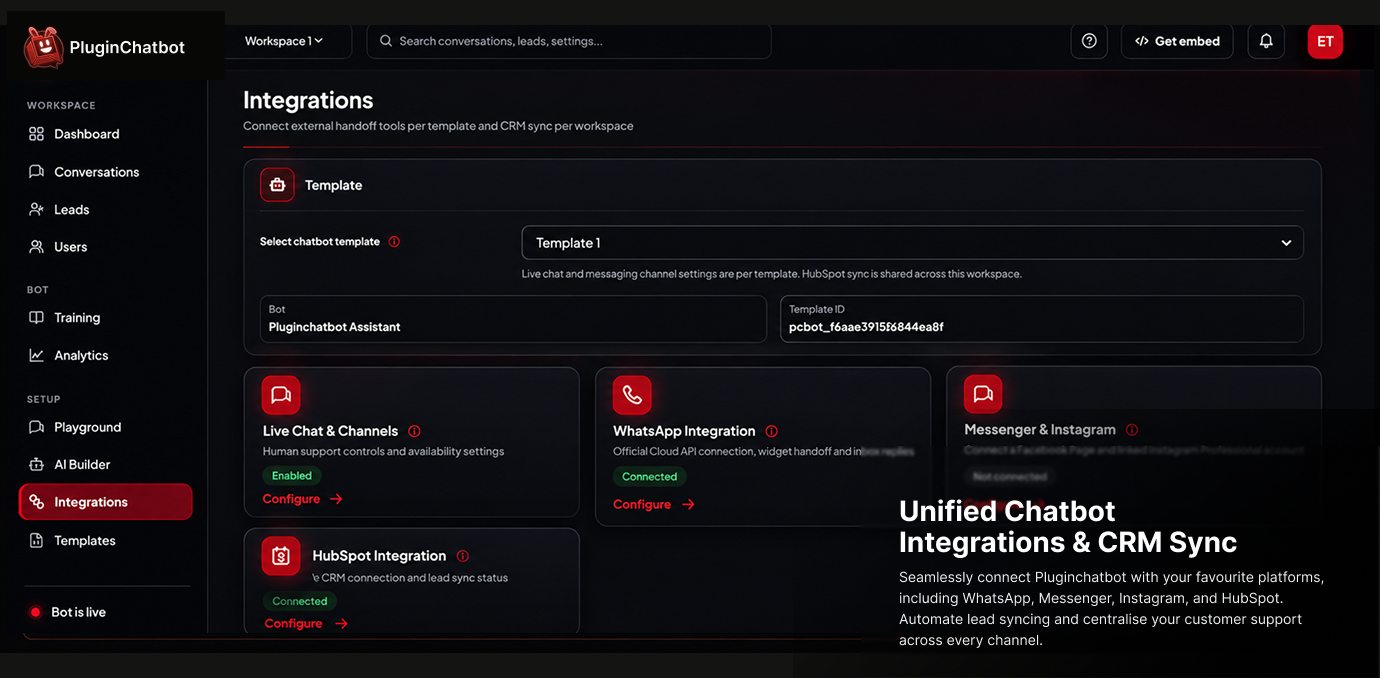 PluginChatbot unified integrations and CRM sync