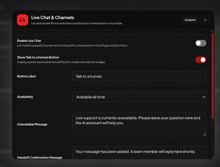 Pluginchatbot live chat and channels settings for balancing AI and human support