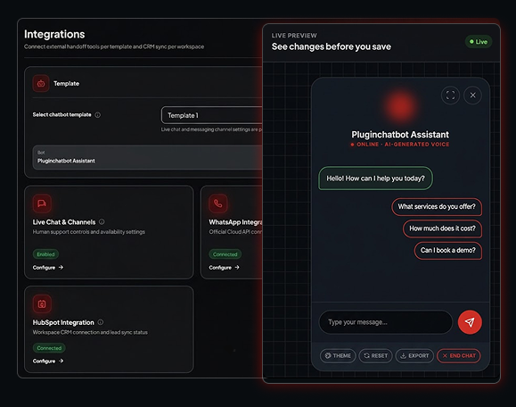 PluginChatbot dashboard with a live chatbot assistant preview for a local business website
