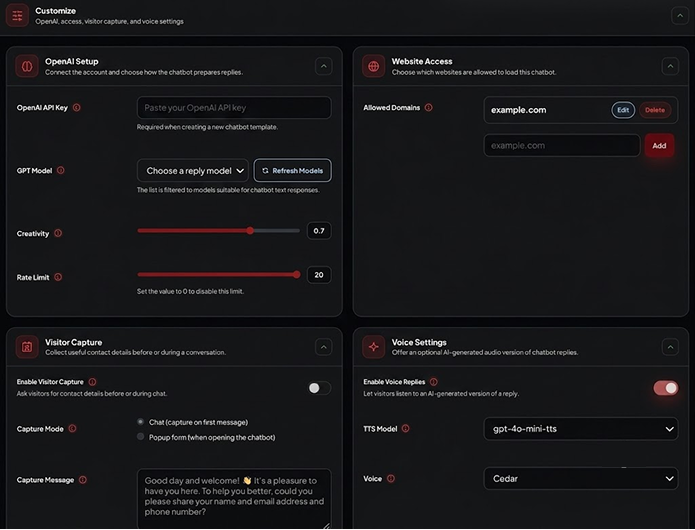 PluginChatbot customisation settings for a local business chatbot