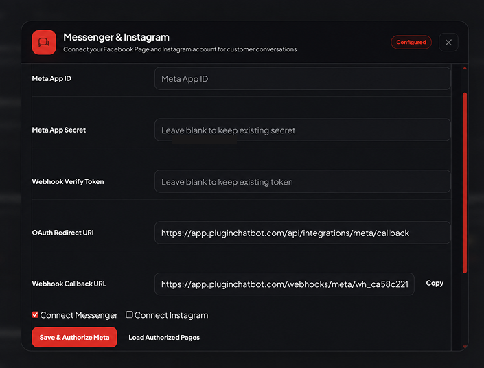 PluginChatbot Messenger and Instagram setup panel