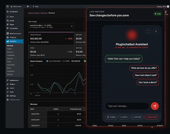 PluginChatbot control dashboard with a live chatbot assistant preview