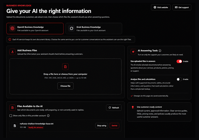 PluginChatBot business knowledge screen for uploading files and controlling AI answers