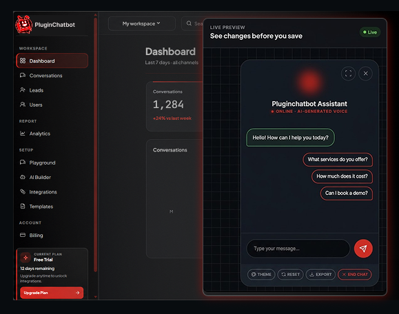 PluginChatBot dashboard with an AI chatbot widget preview