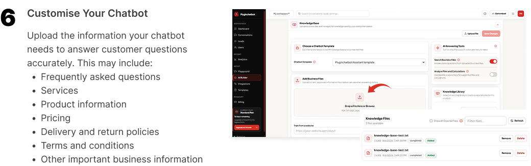 Step 6: Add business information, website content and FAQs to PluginChatBot