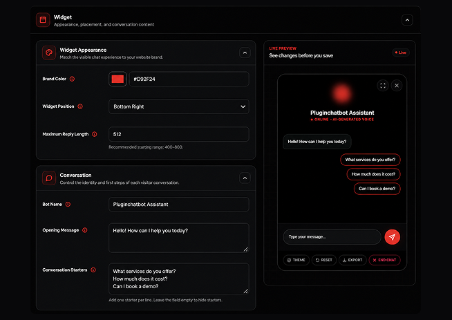 PluginChatBot business knowledge screen for uploading Shopify product and store information