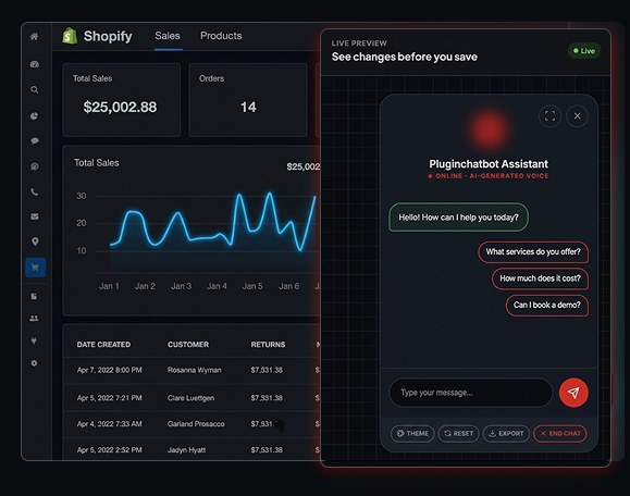 PluginChatbot Shopify sales dashboard with a live chatbot assistant preview