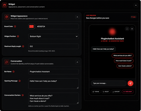 PluginChatbot widget configuration and live preview for a small business website