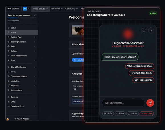 PluginChatbot Wix editor with a live chatbot assistant preview