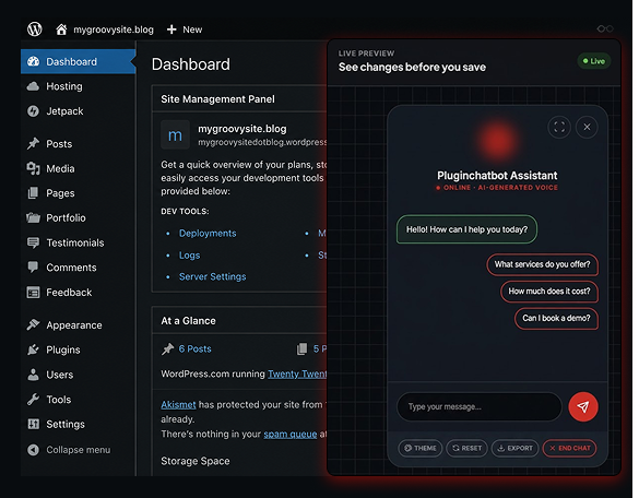 PluginChatBot conversation settings and live AI chatbot preview for a WordPress website