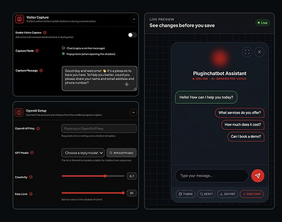 Plug ChatBot WordPress dashboard with a live chatbot assistant preview